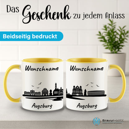 Tasse in Hellgelb 330ml bedruckt mit der Skyline von Augsburg personalisierbar mit Wunschname