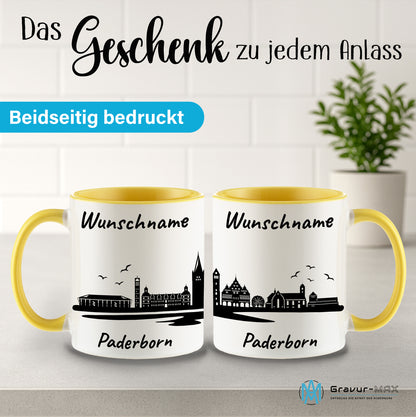 Tasse in Hellgelb 330ml bedruckt mit der Skyline von Paderborn personalisierbar mit Wunschname