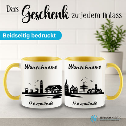 Tasse in Hellgelb 330ml bedruckt mit der Skyline von Travemünde personalisierbar mit Wunschname