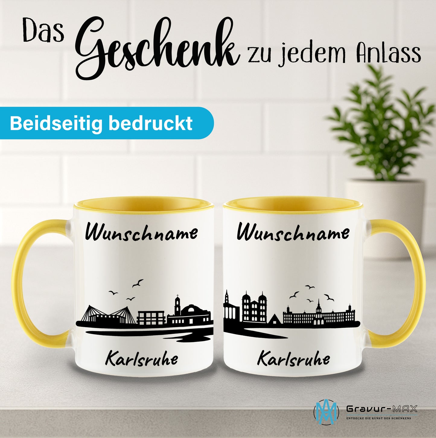 Tasse in Hellgelb 330ml bedruckt mit der Skyline von Karlsruhe personalisierbar mit Wunschname