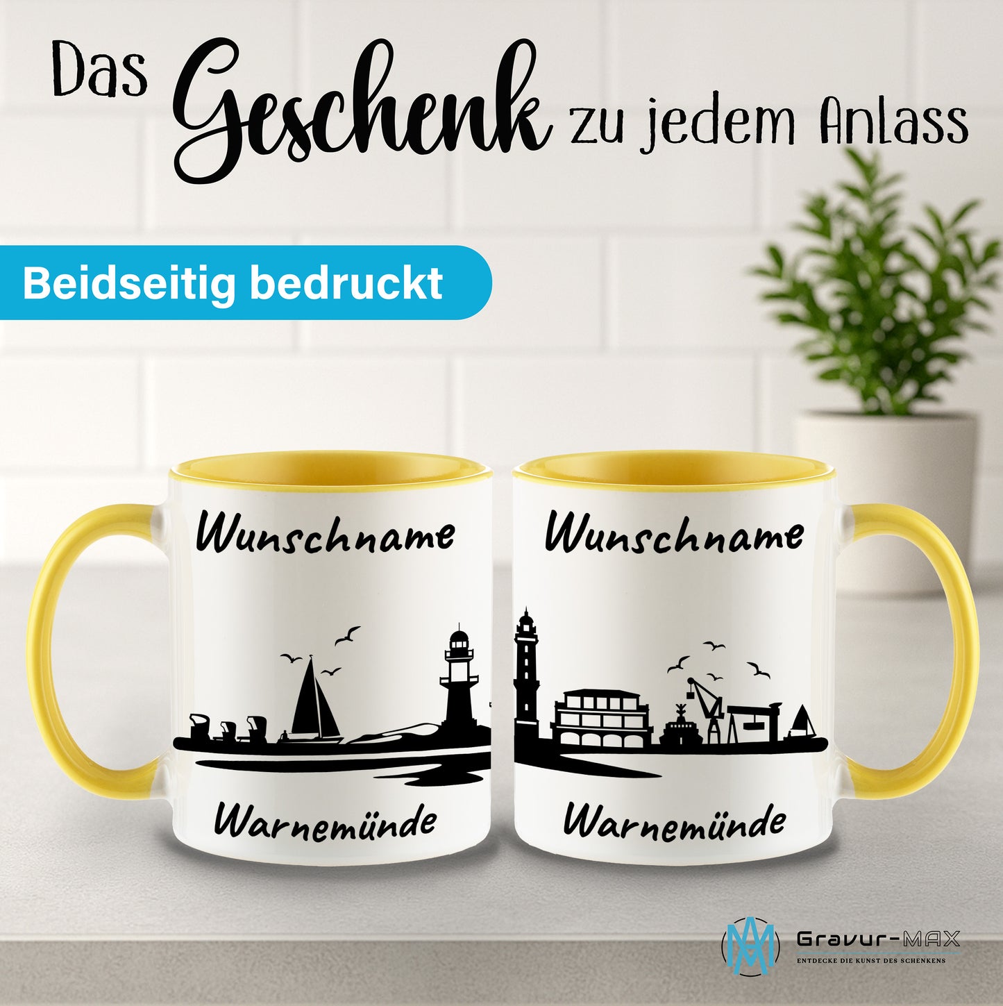 Tasse in Hellgelb 330ml bedruckt mit der Skyline von Warnemünde personalisierbar mit Wunschname