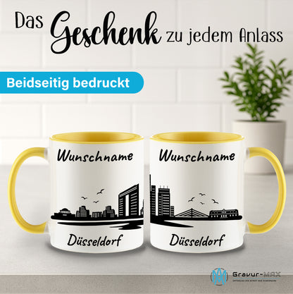 Tasse in Hellgelb 330ml bedruckt mit der Skyline von Düsseldorf personalisierbar mit Wunschname