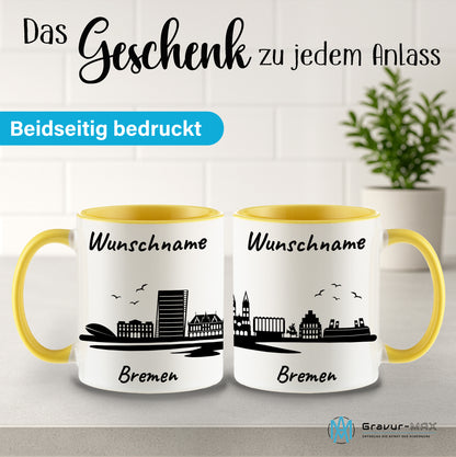 Tasse in Hellgelb 330ml bedruckt mit der Skyline von Bremen personalisierbar mit Wunschname