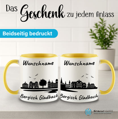 Tasse in Hellgelb 330ml bedruckt mit der Skyline von Bergisch Gladbach personalisierbar mit Wunschname