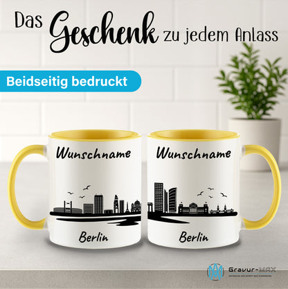 Tasse in Hellgelb 330ml bedruckt mit der Skyline von Berlin personalisierbar mit Wunschname