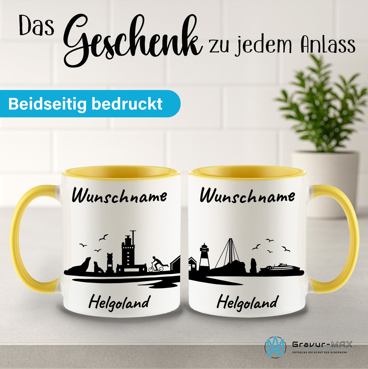 Tasse in Hellgelb 330ml bedruckt mit der Skyline von Helgoland personalisierbar mit Wunschname