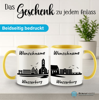 Tasse in Hellgelb 330ml bedruckt mit der Skyline von Wasserburg personalisierbar mit Wunschname