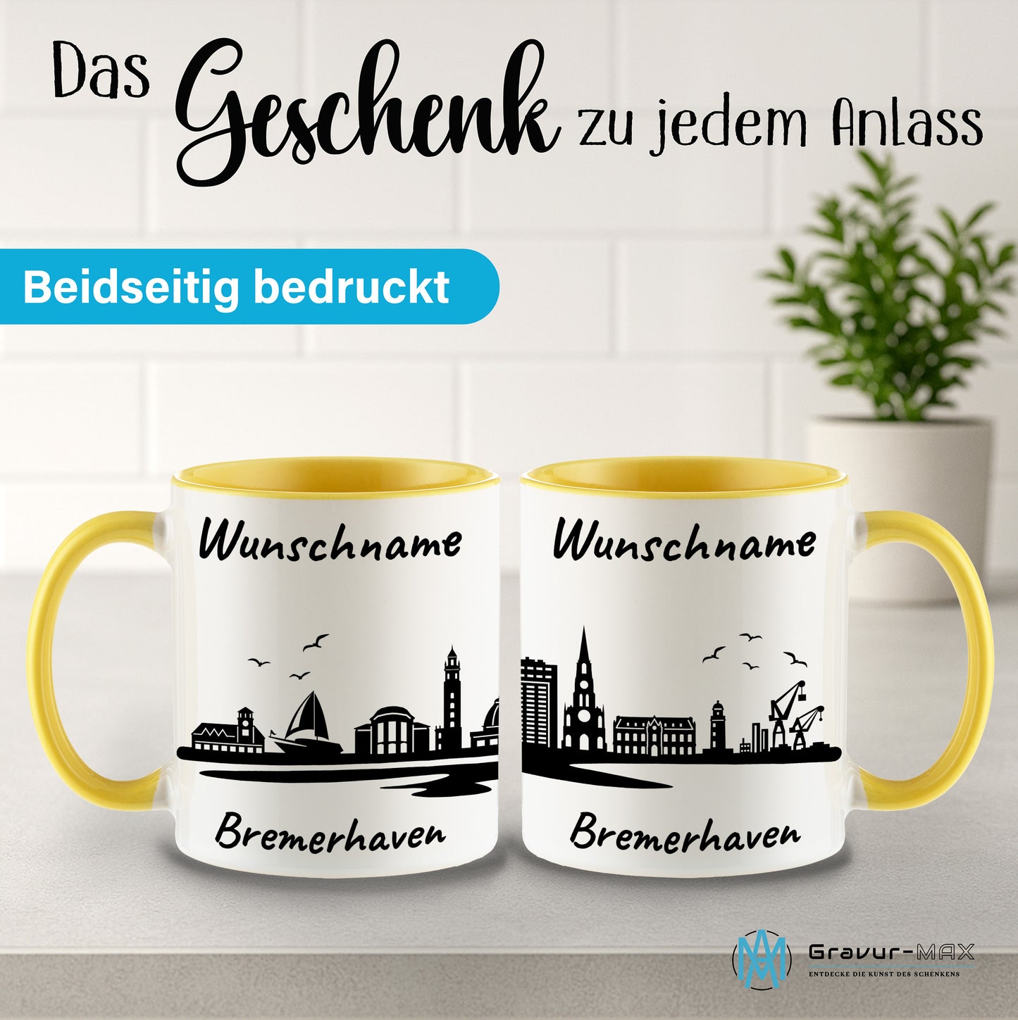 Tasse in Hellgelb 330ml bedruckt mit der Skyline von Bremerhaven personalisierbar mit Wunschname
