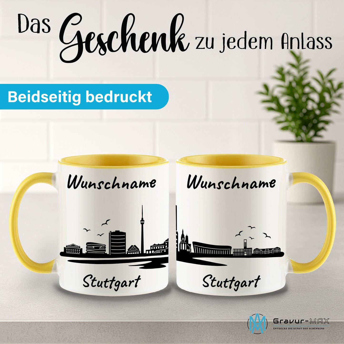Tasse in Hellgelb 330ml bedruckt mit der Skyline von Stuttgart personalisierbar mit Wunschname
