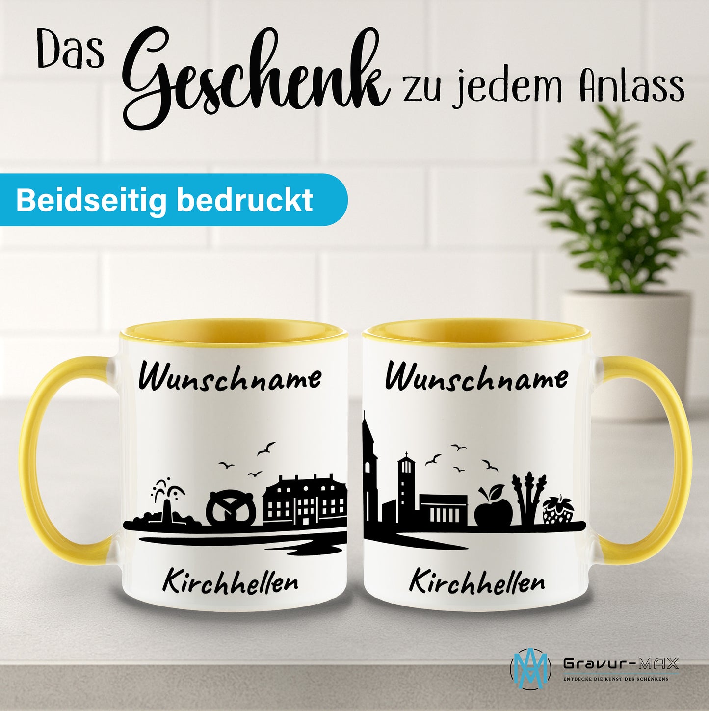 Tasse in Hellgelb 330ml bedruckt mit der Skyline von Kirchhellen personalisierbar mit Wunschname