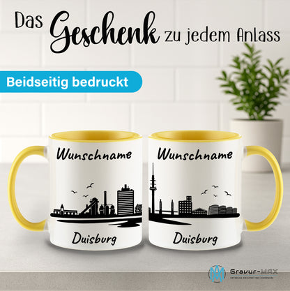 Tasse in Hellgelb 330ml bedruckt mit der Skyline von Duisburg personalisierbar mit Wunschname