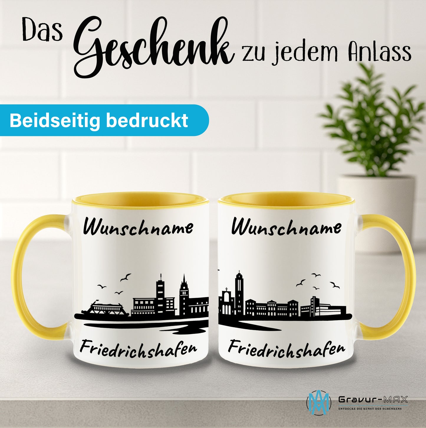 Tasse in Hellgelb 330ml bedruckt mit der Skyline von Friedrichshafen personalisierbar mit Wunschname