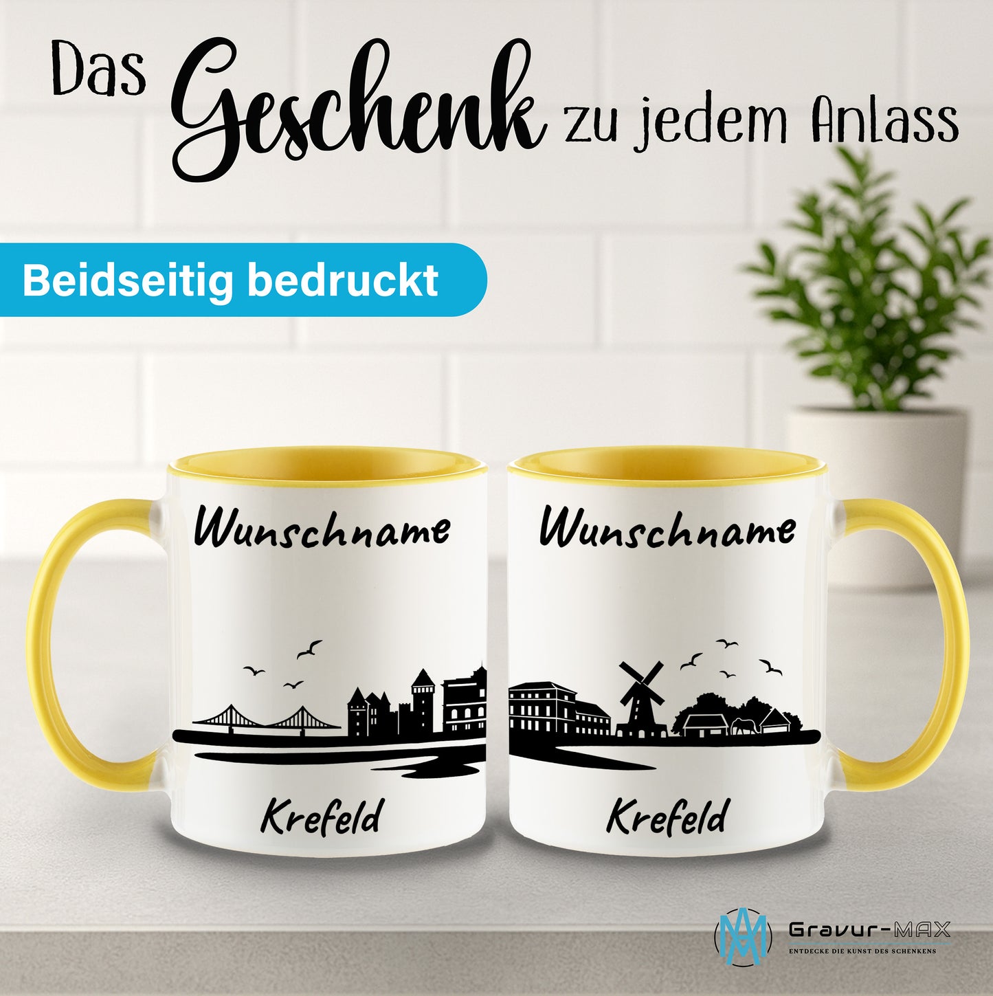 Tasse in Hellgelb 330ml bedruckt mit der Skyline von Krefeld personalisierbar mit Wunschname
