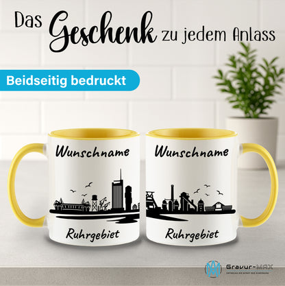 Tasse in Hellgelb 330ml bedruckt mit der Skyline von Ruhrgebiet personalisierbar mit Wunschname