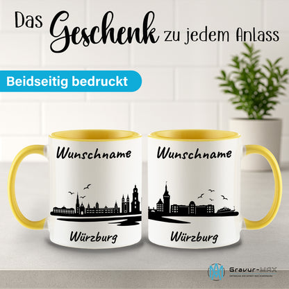 Tasse in Hellgelb 330ml bedruckt mit der Skyline von Würzburg personalisierbar mit Wunschname