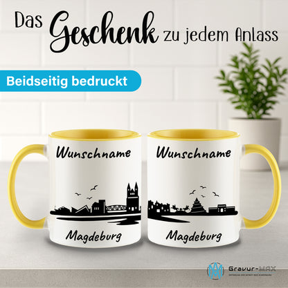 Tasse in Hellgelb 330ml bedruckt mit der Skyline von Magdeburg personalisierbar mit Wunschname