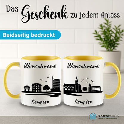 Tasse in Hellgelb 330ml bedruckt mit der Skyline von Kempten personalisierbar mit Wunschname