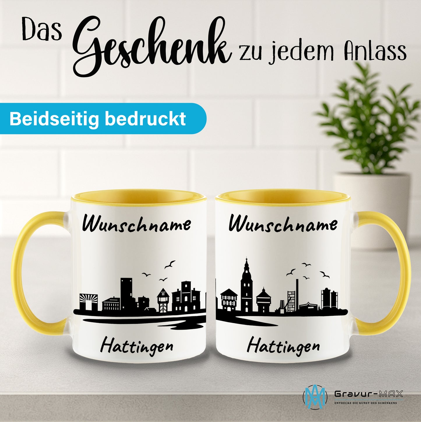 Tasse in Hellgelb 330ml bedruckt mit der Skyline von Hattingen personalisierbar mit Wunschname