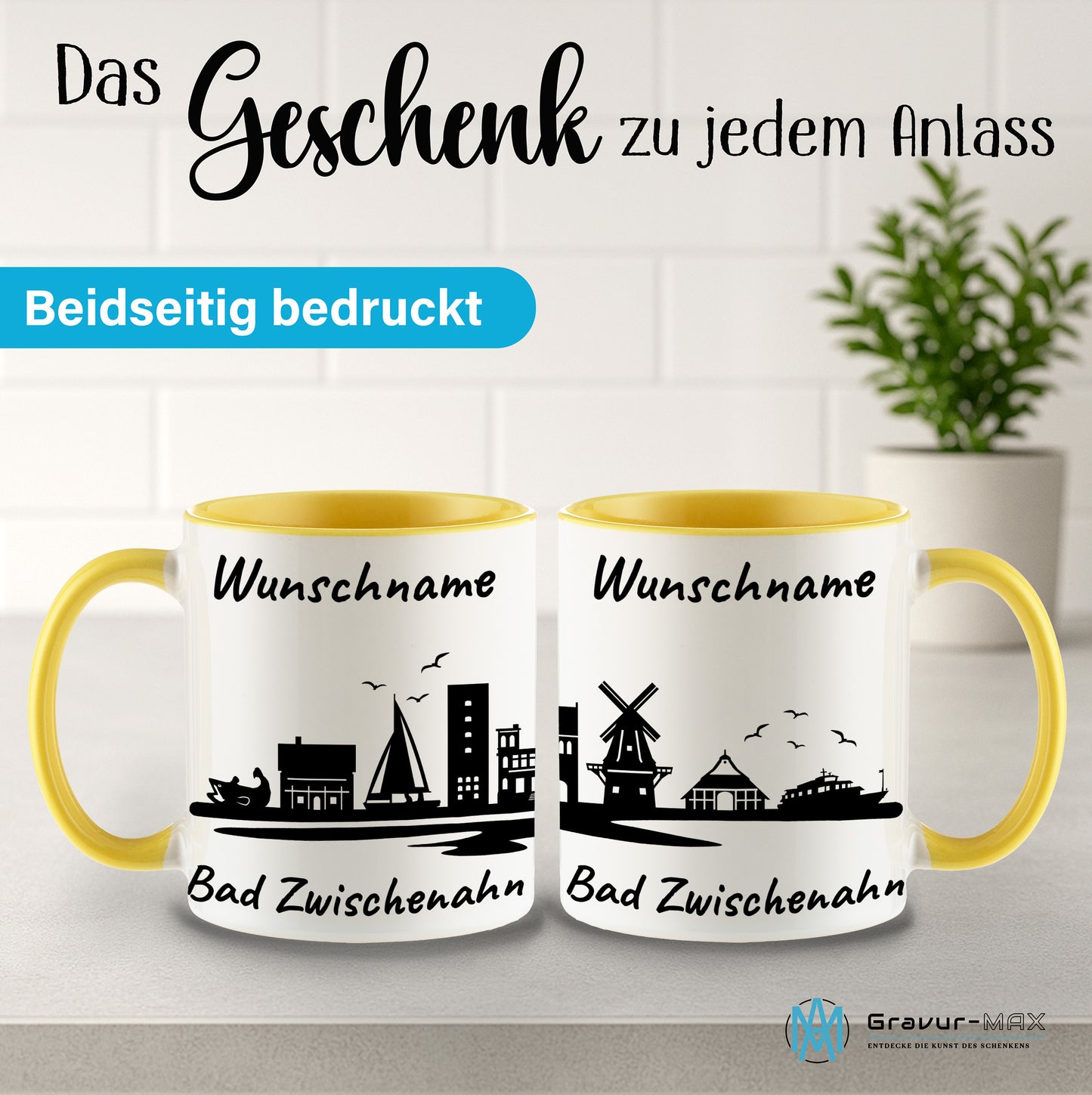 Tasse in Hellgelb 330ml bedruckt mit der Skyline von Bad Zwischenahn personalisierbar mit Wunschname