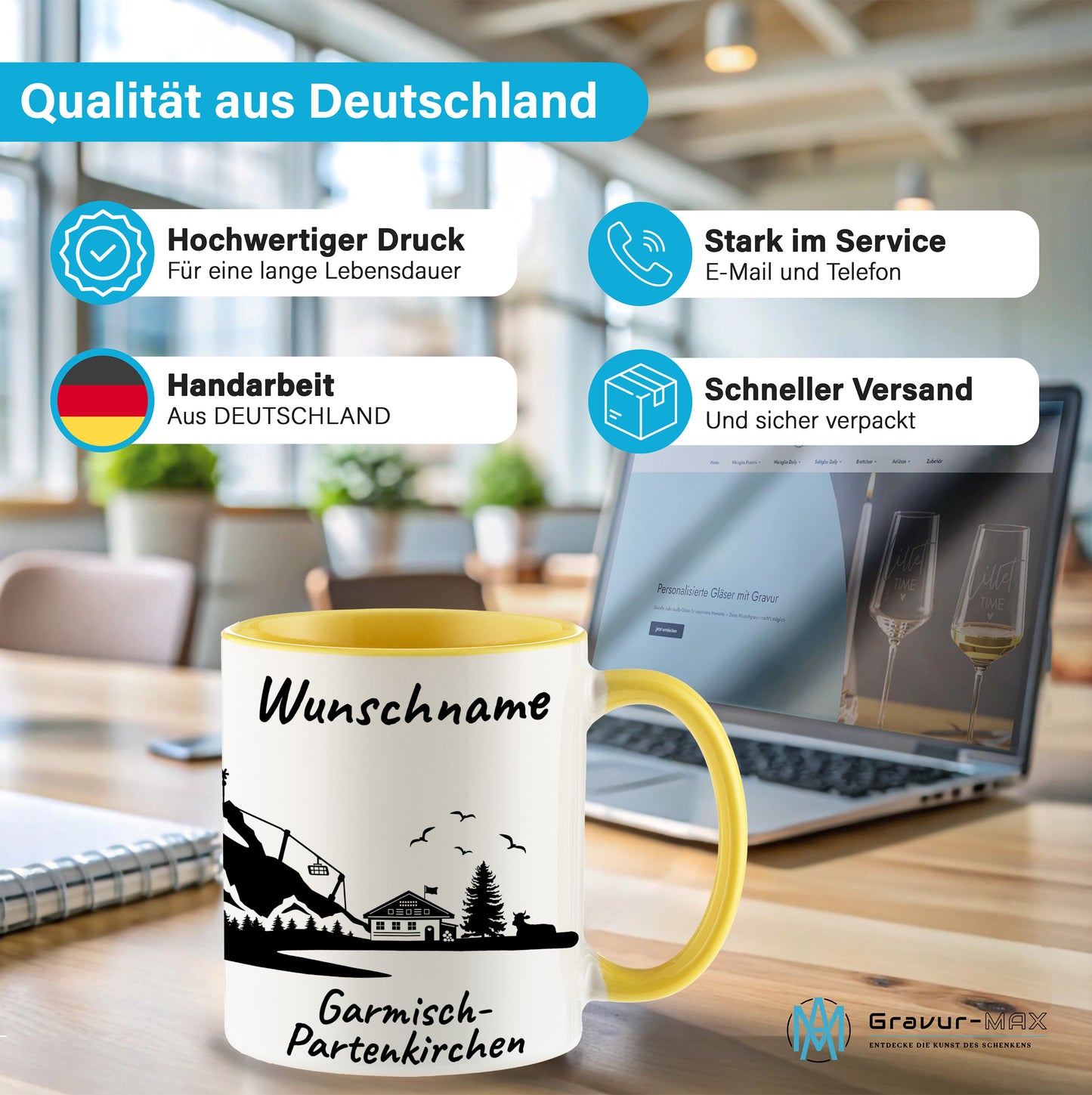 Tasse in Hellgelb 330ml bedruckt mit der Skyline von Garmisch-Partenkirchen personalisierbar mit Wunschname
