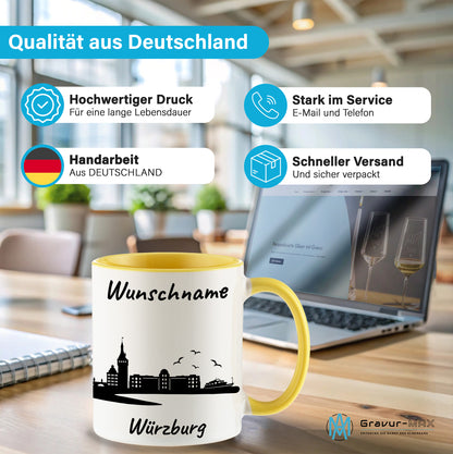 Tasse in Hellgelb 330ml bedruckt mit der Skyline von Würzburg personalisierbar mit Wunschname