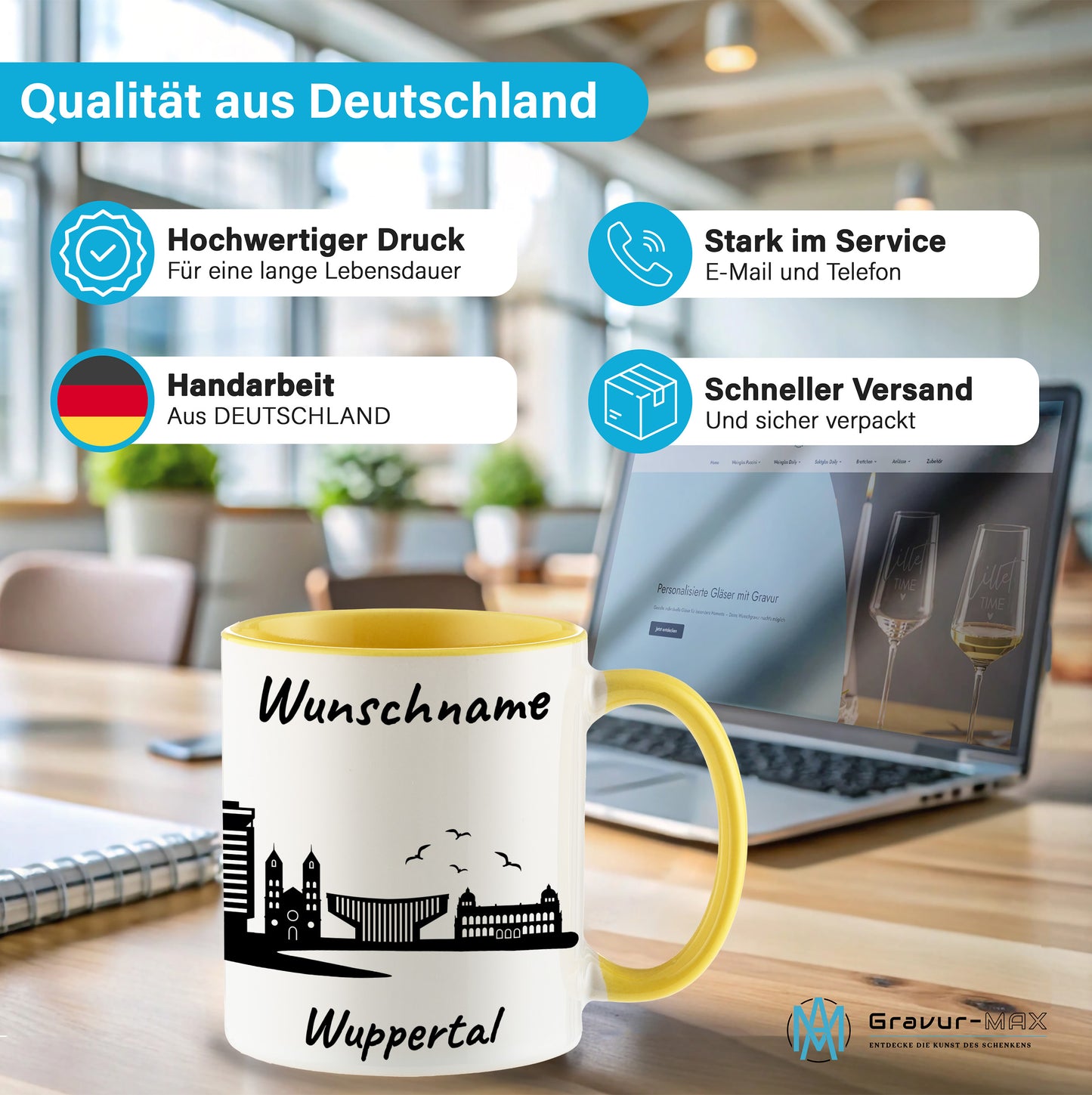 Tasse in Hellgelb 330ml bedruckt mit der Skyline von Wuppertal personalisierbar mit Wunschname