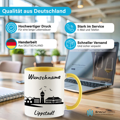 Tasse in Hellgelb 330ml bedruckt mit der Skyline von Lippstadt personalisierbar mit Wunschname