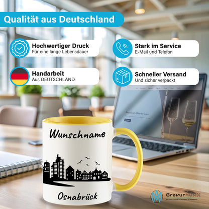 Tasse in Hellgelb 330ml bedruckt mit der Skyline von Osnabrück personalisierbar mit Wunschname