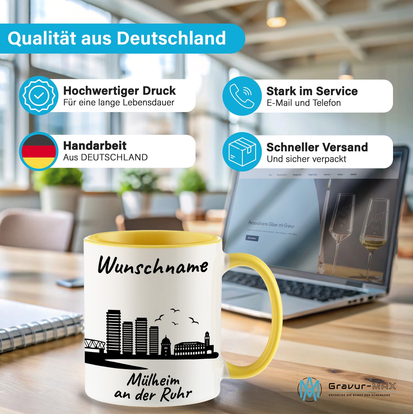 Tasse in Hellgelb 330ml bedruckt mit der Skyline von Mülheim an der Ruhr personalisierbar mit Wunschname