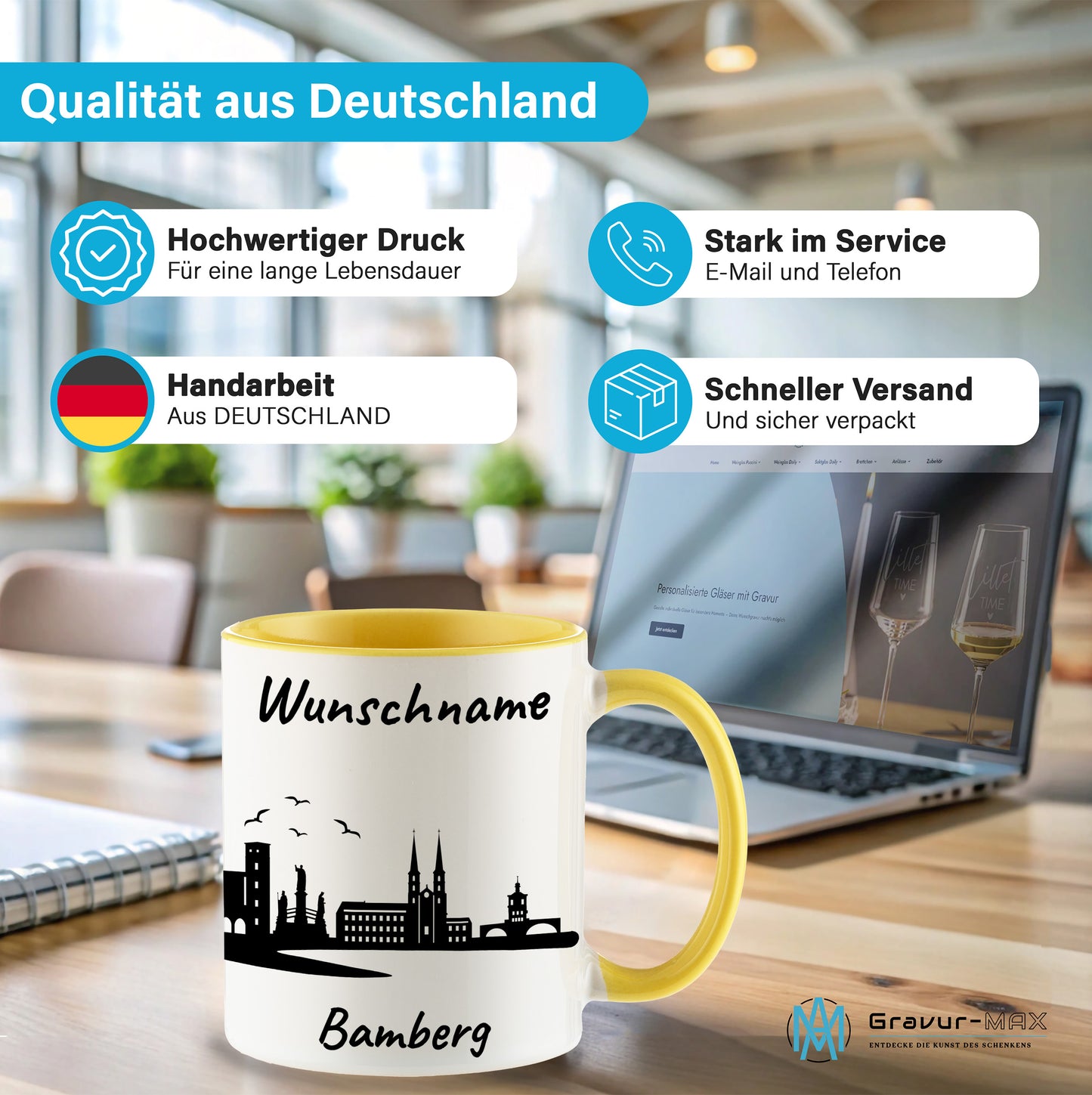 Tasse in Hellgelb 330ml bedruckt mit der Skyline von Bamberg personalisierbar mit Wunschname