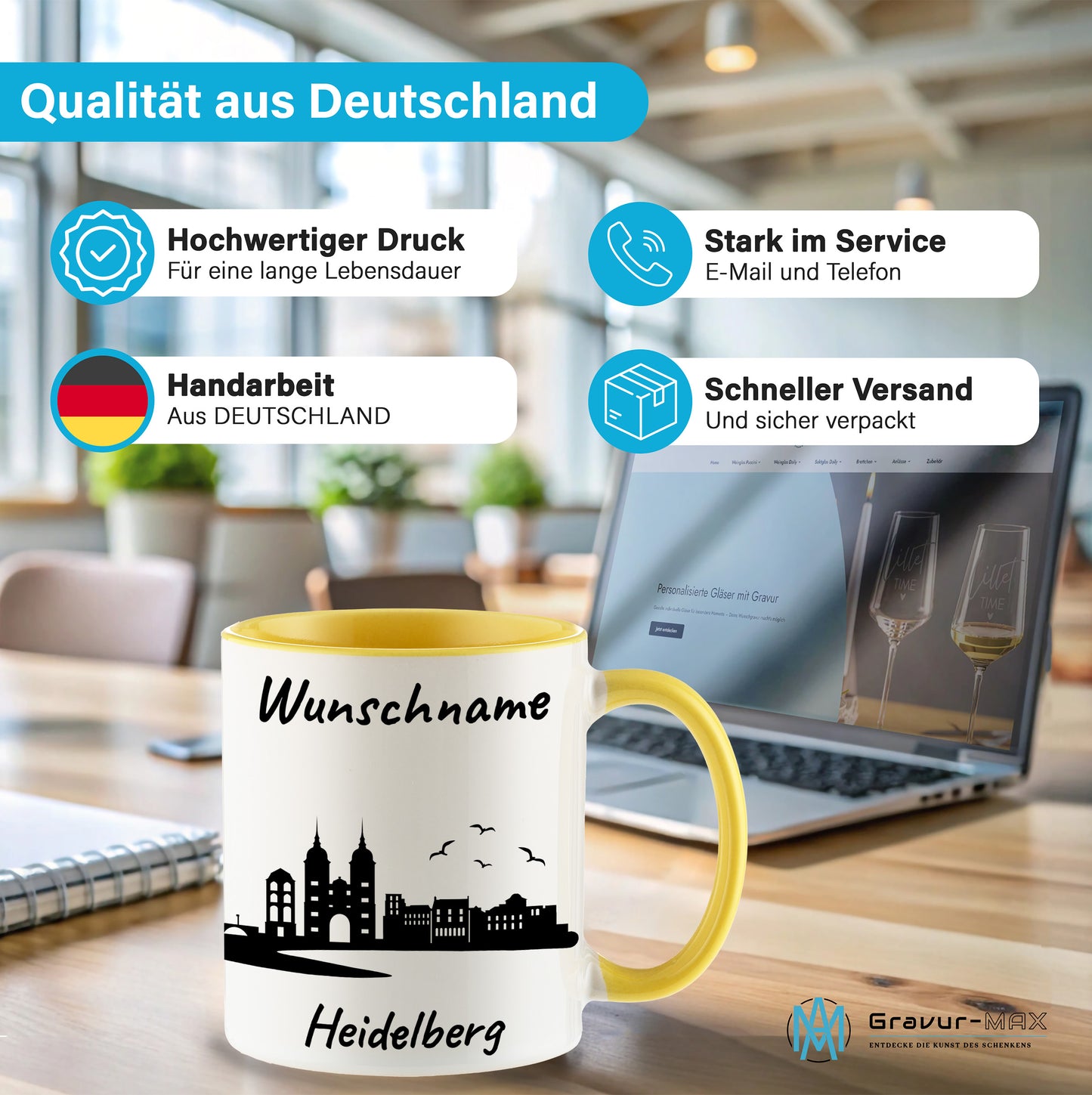 Tasse in Hellgelb 330ml bedruckt mit der Skyline von Heidelberg personalisierbar mit Wunschname