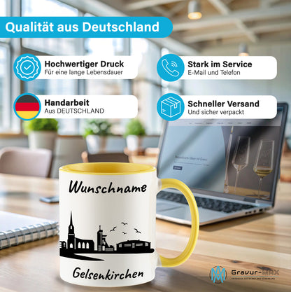Tasse in Hellgelb 330ml bedruckt mit der Skyline von Gelsenkirchen personalisierbar mit Wunschname