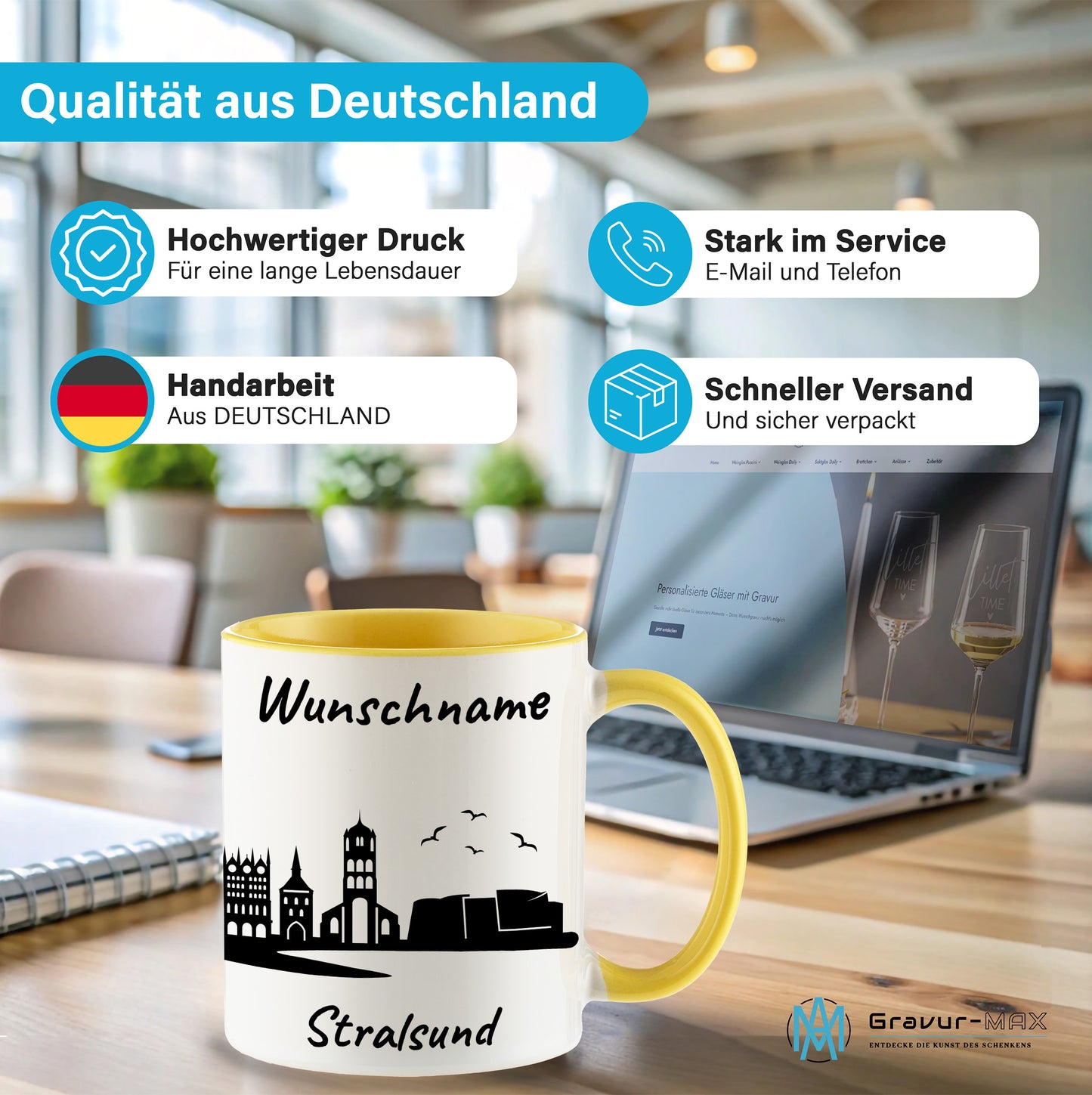 Tasse in Hellgelb 330ml bedruckt mit der Skyline von Stralsund personalisierbar mit Wunschname