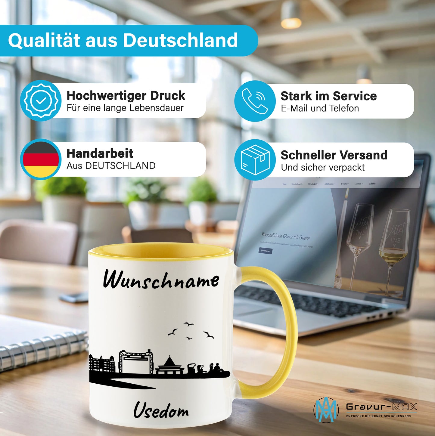 Tasse in Hellgelb 330ml bedruckt mit der Skyline von Usedom personalisierbar mit Wunschname