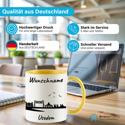 Tasse in Hellgelb 330ml bedruckt mit der Skyline von Usedom personalisierbar mit Wunschname