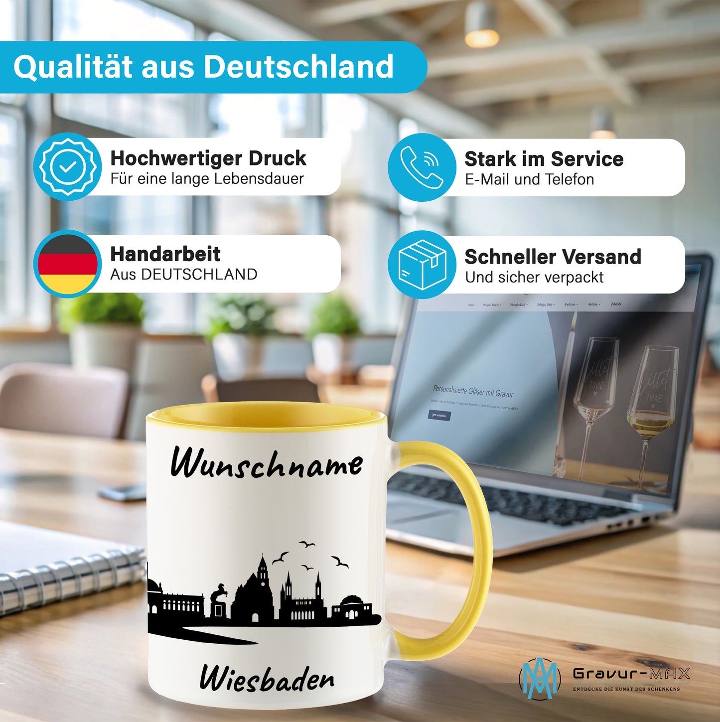 Tasse in Hellgelb 330ml bedruckt mit der Skyline von Wiesbaden personalisierbar mit Wunschname