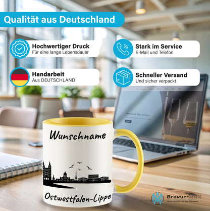 Tasse in Hellgelb 330ml bedruckt mit der Skyline von Ostwestfalen-Lippe personalisierbar mit Wunschname