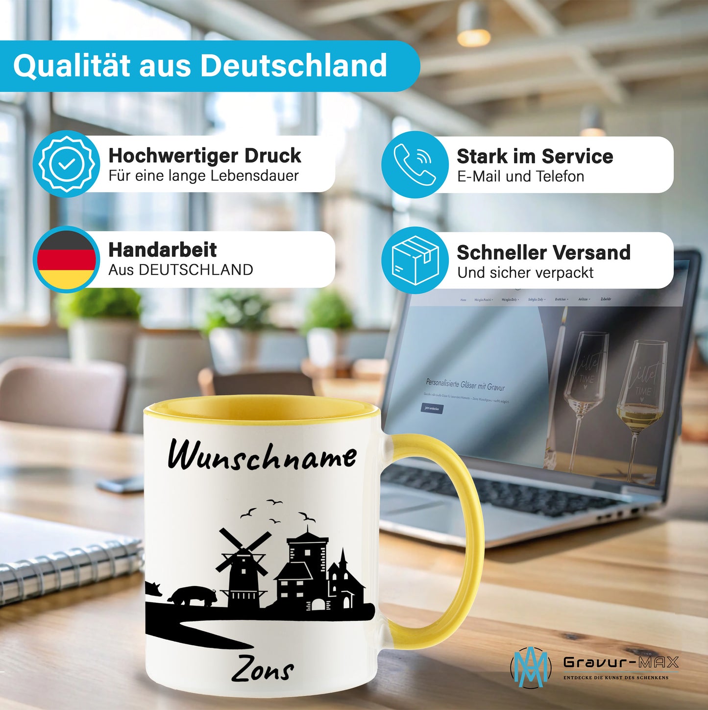 Tasse in Hellgelb 330ml bedruckt mit der Skyline von Zons (Dormagen) personalisierbar mit Wunschname