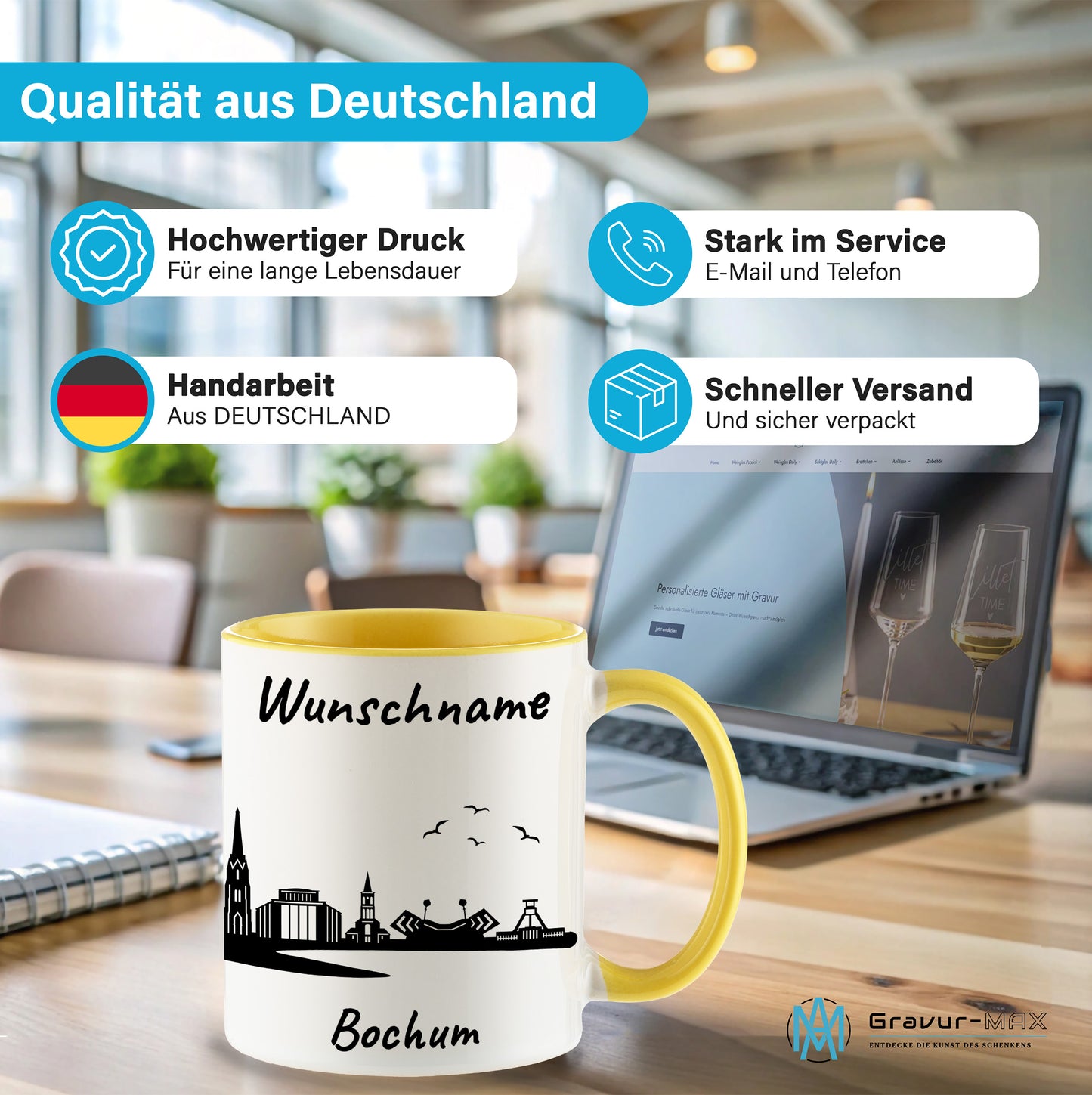 Tasse in Hellgelb 330ml bedruckt mit der Skyline von Bochum personalisierbar mit Wunschname