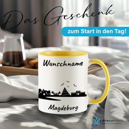 Tasse in Hellgelb 330ml bedruckt mit der Skyline von Magdeburg personalisierbar mit Wunschname