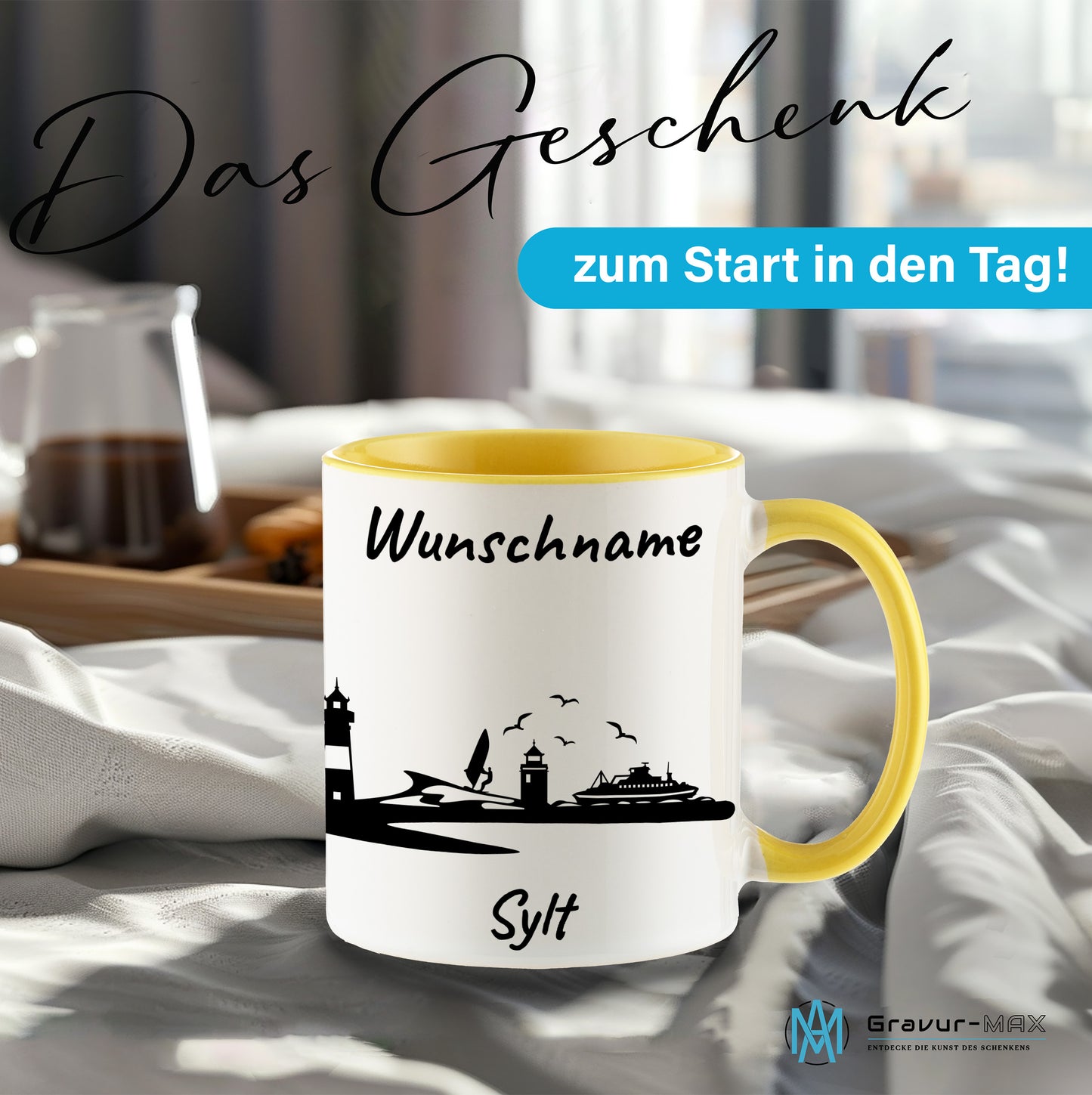 Tasse in Hellgelb 330ml bedruckt mit der Skyline von Sylt personalisierbar mit Wunschname