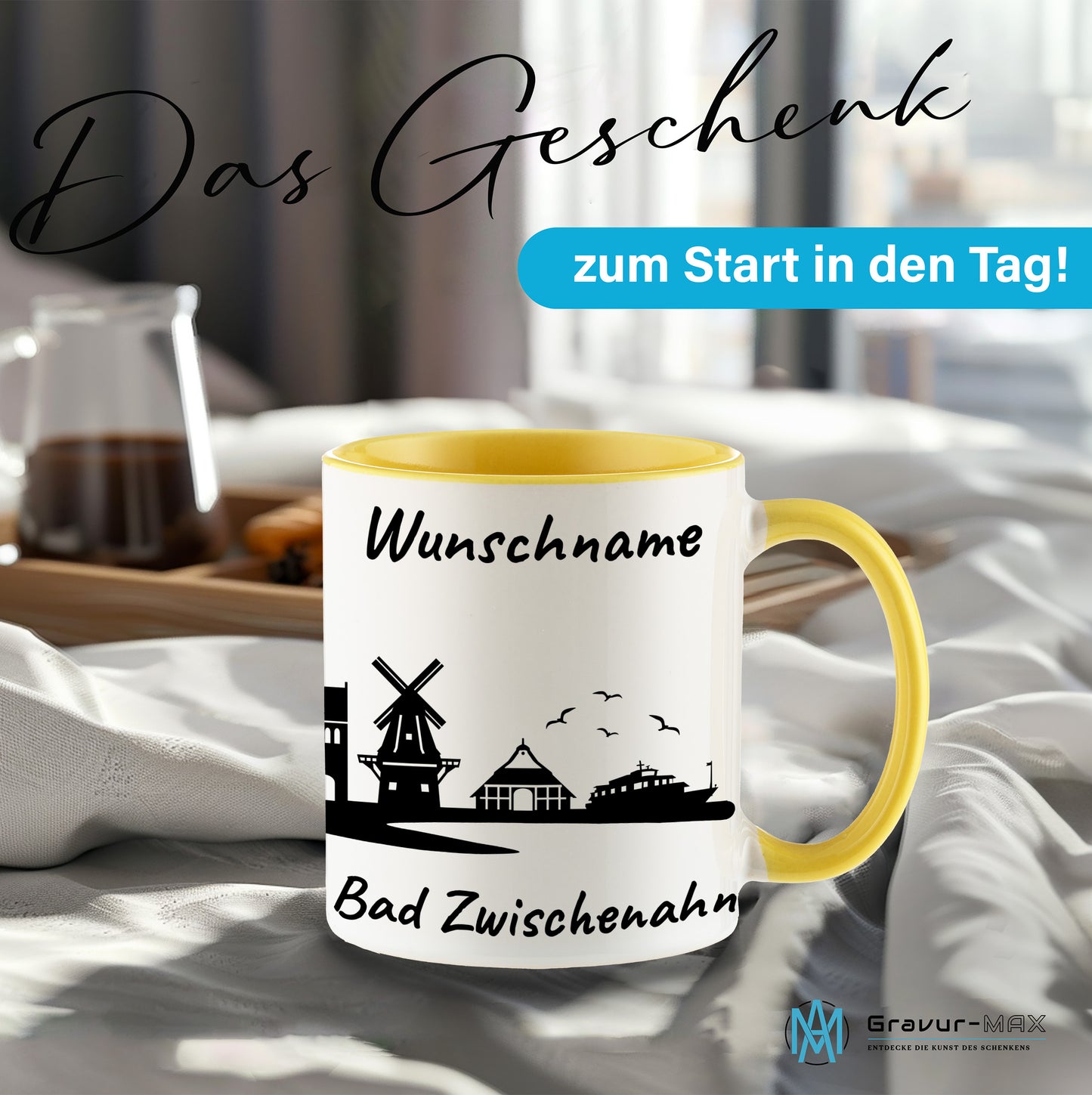Tasse in Hellgelb 330ml bedruckt mit der Skyline von Bad Zwischenahn personalisierbar mit Wunschname