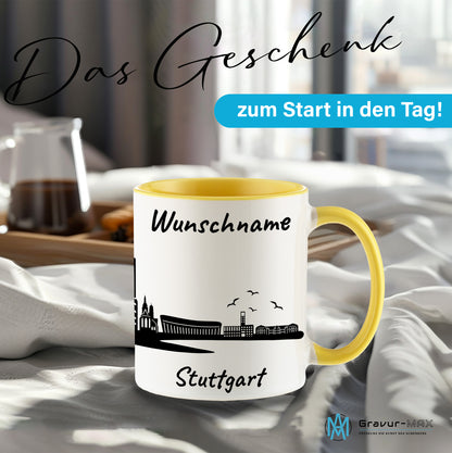 Tasse in Hellgelb 330ml bedruckt mit der Skyline von Stuttgart personalisierbar mit Wunschname