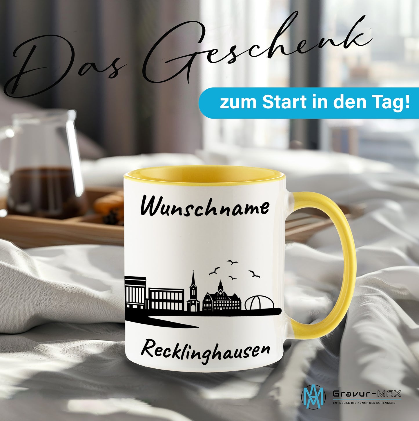 Tasse in Hellgelb 330ml bedruckt mit der Skyline von Recklinghausen personalisierbar mit Wunschname
