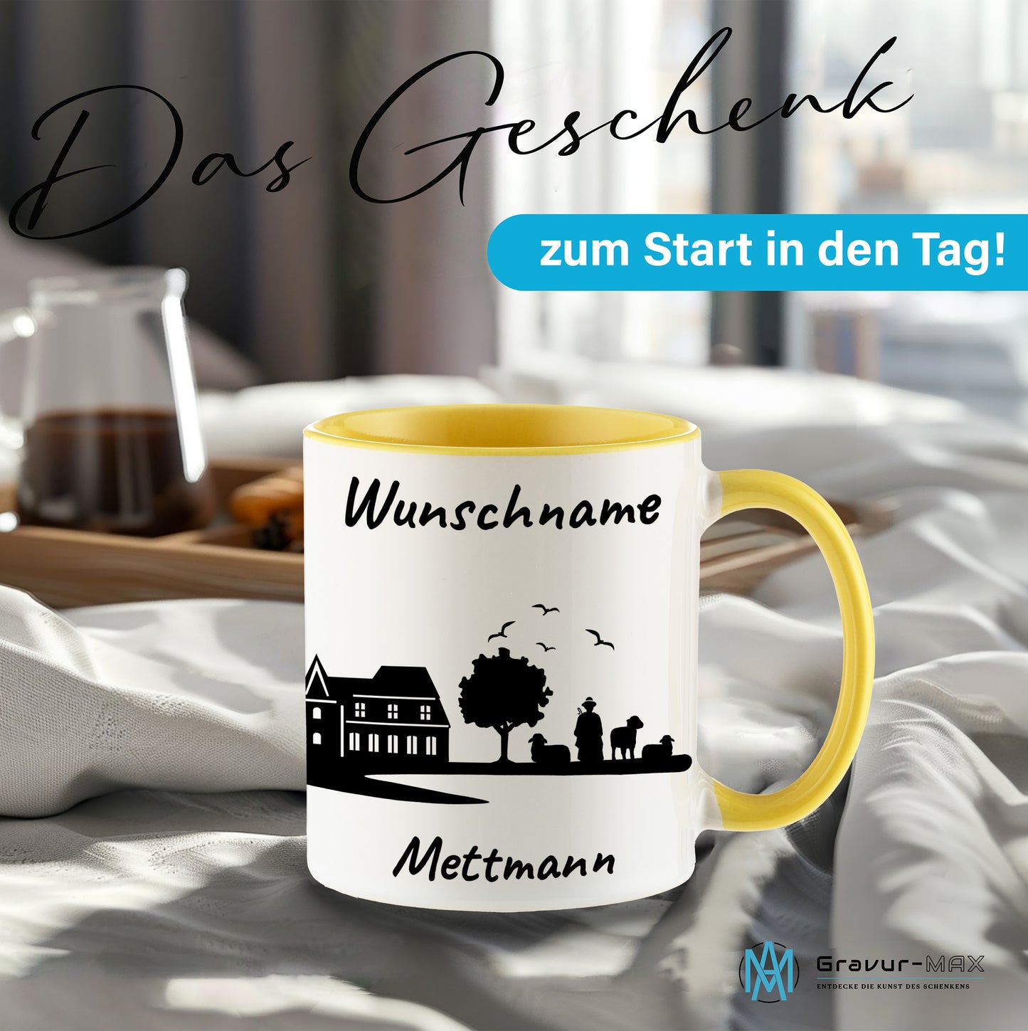 Tasse in Hellgelb 330ml bedruckt mit der Skyline von Mettmann personalisierbar mit Wunschname