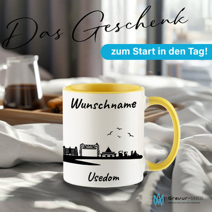 Tasse in Hellgelb 330ml bedruckt mit der Skyline von Usedom personalisierbar mit Wunschname