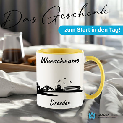 Tasse in Hellgelb 330ml bedruckt mit der Skyline von Dresden personalisierbar mit Wunschname