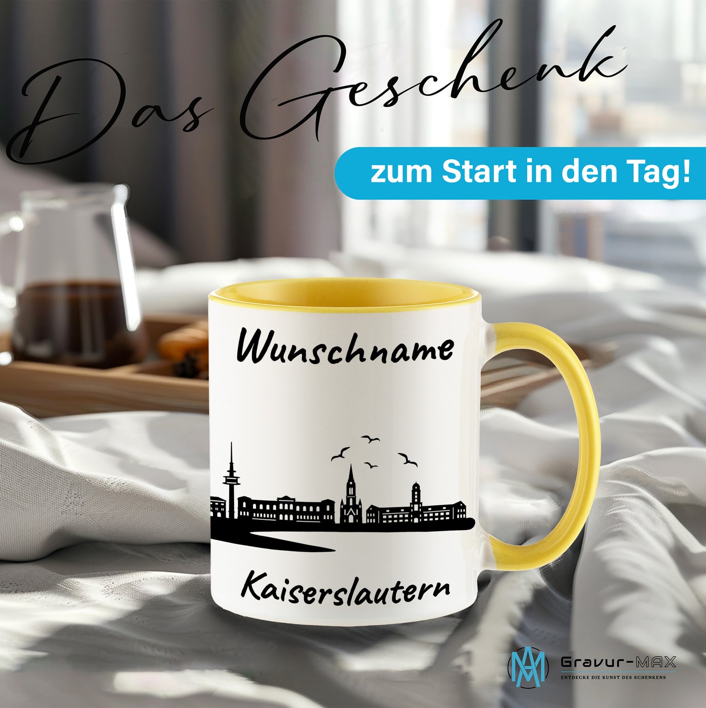 Tasse in Hellgelb 330ml bedruckt mit der Skyline von Kaiserslautern personalisierbar mit Wunschname