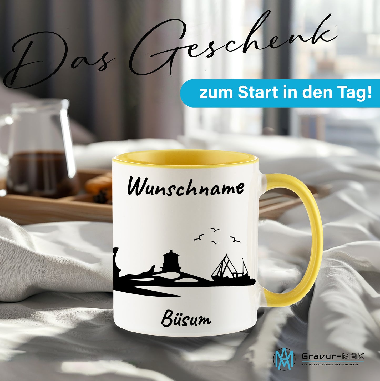 Tasse in Hellgelb 330ml bedruckt mit der Skyline von Büsum personalisierbar mit Wunschname
