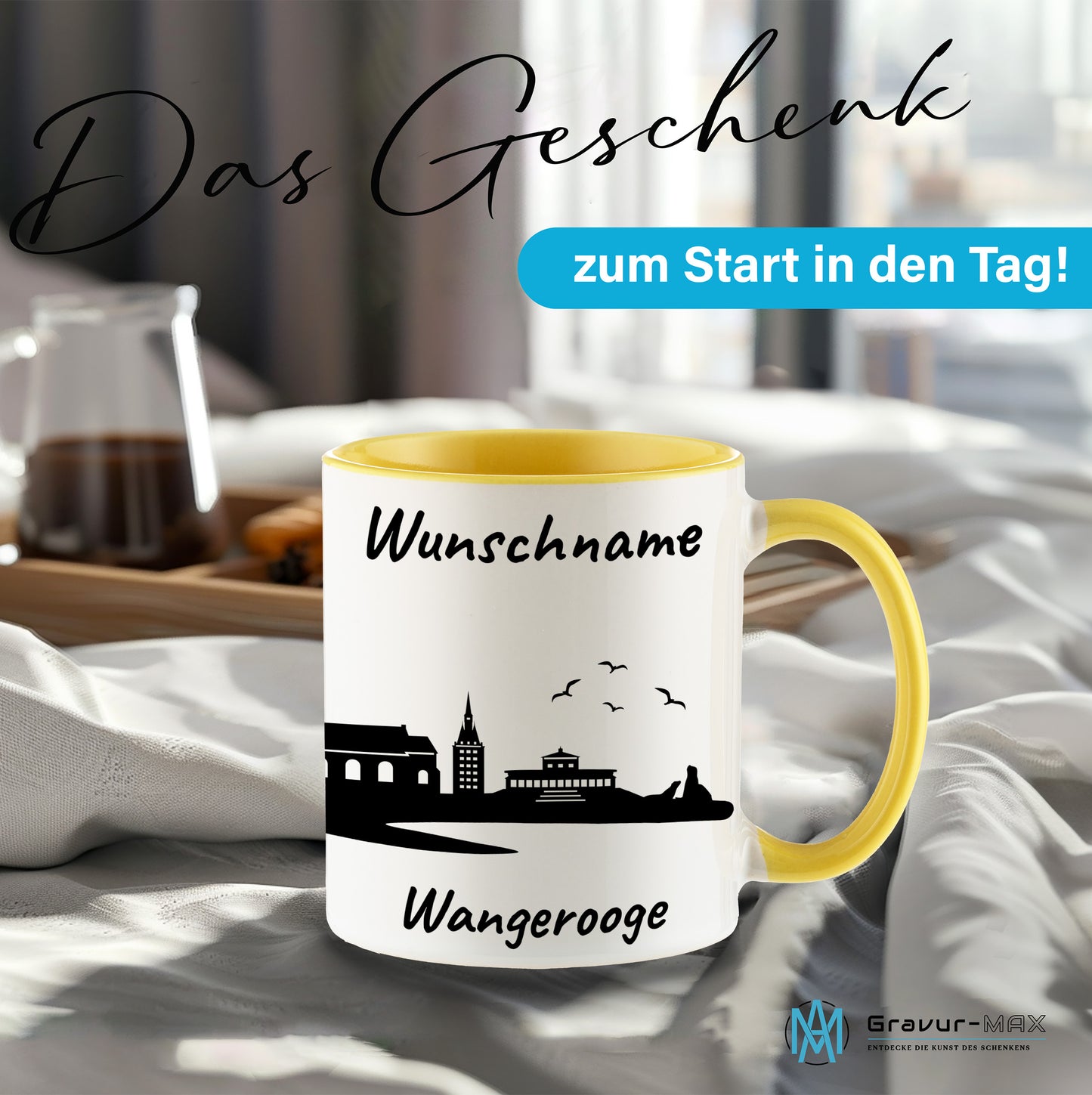 Tasse in Hellgelb 330ml bedruckt mit der Skyline von Wangerooge personalisierbar mit Wunschname